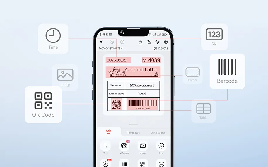 NIIMBOT app with text, barcode, QR code, and image editing tools