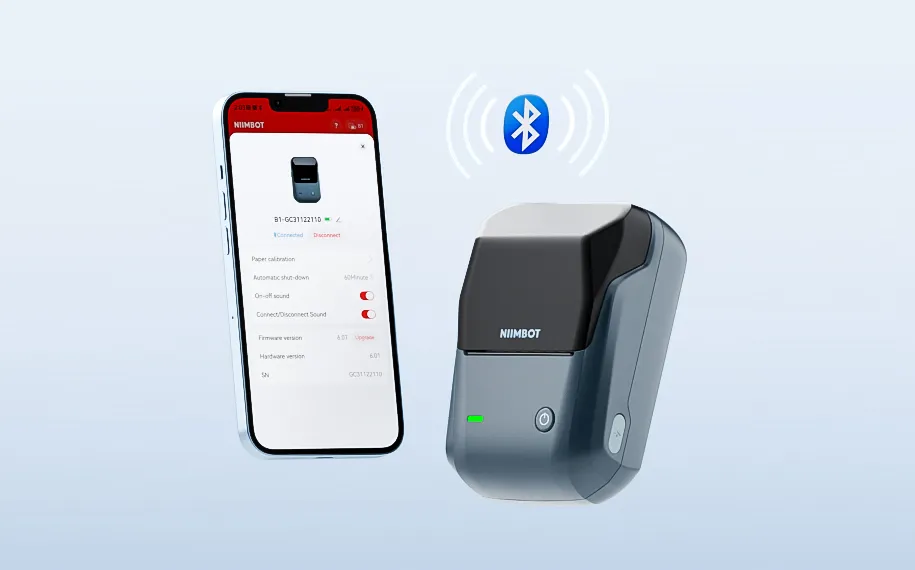 NIIMBOT label printer connected to a smartphone via Bluetooth