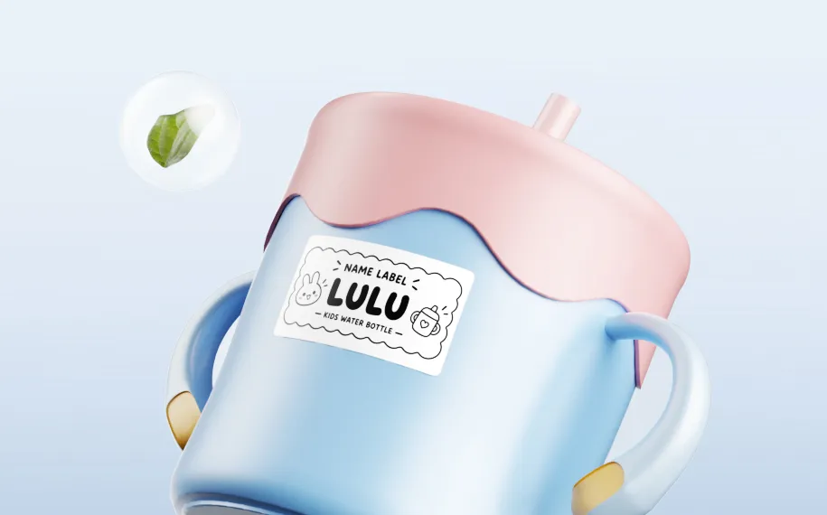 Personalized label on a blue and pink baby drinking cup