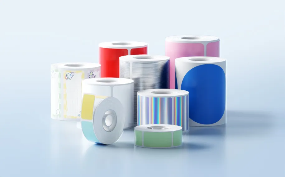 NIIMBOT printers with label rolls in assorted colors and sizes