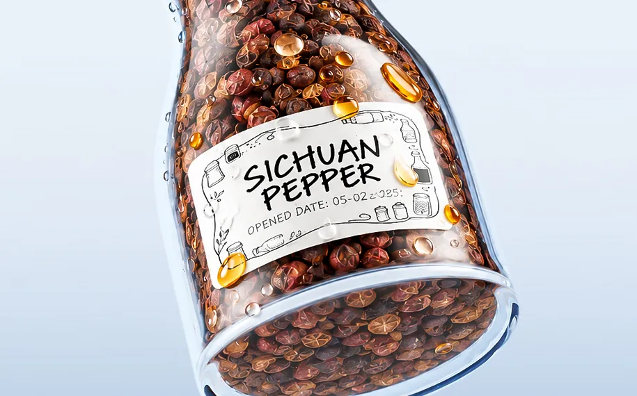 Waterproof printed label on a glass jar of Sichuan pepper