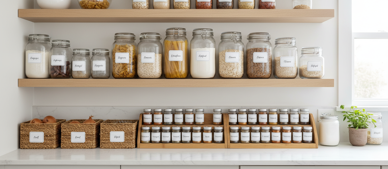 Labeled jars and containers arranged on shelves