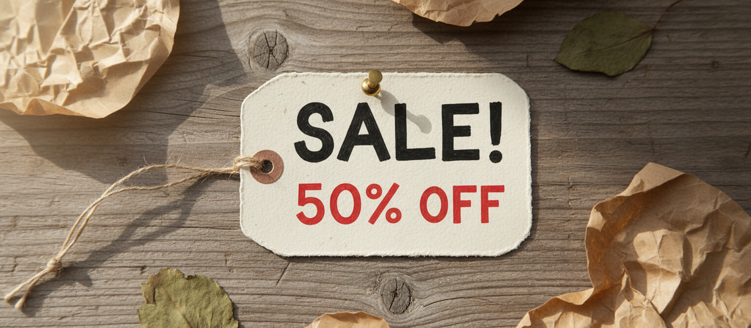 Sale discount sign on a wooden surface