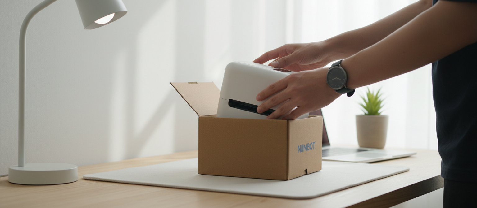 Hands unboxing a product on a desk