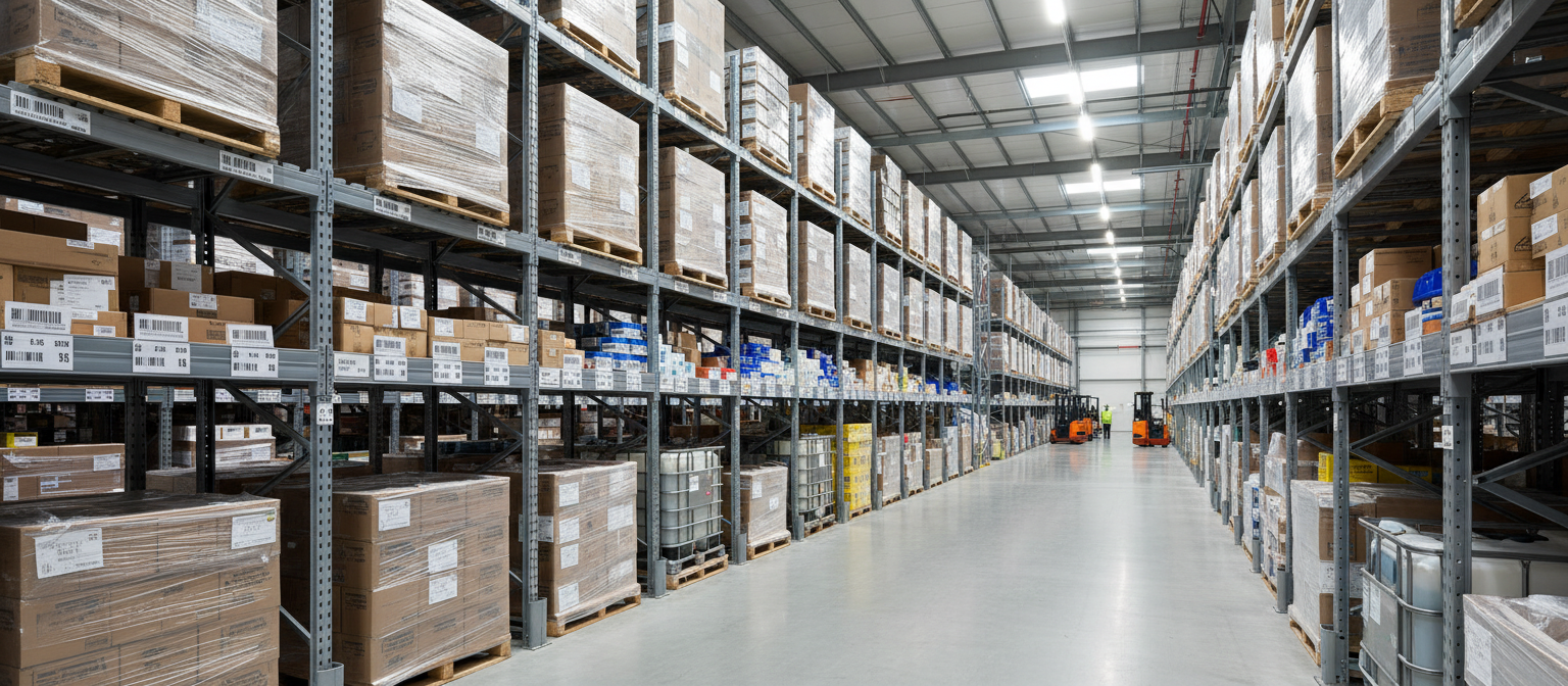 Warehouse aisle with organized storage racks